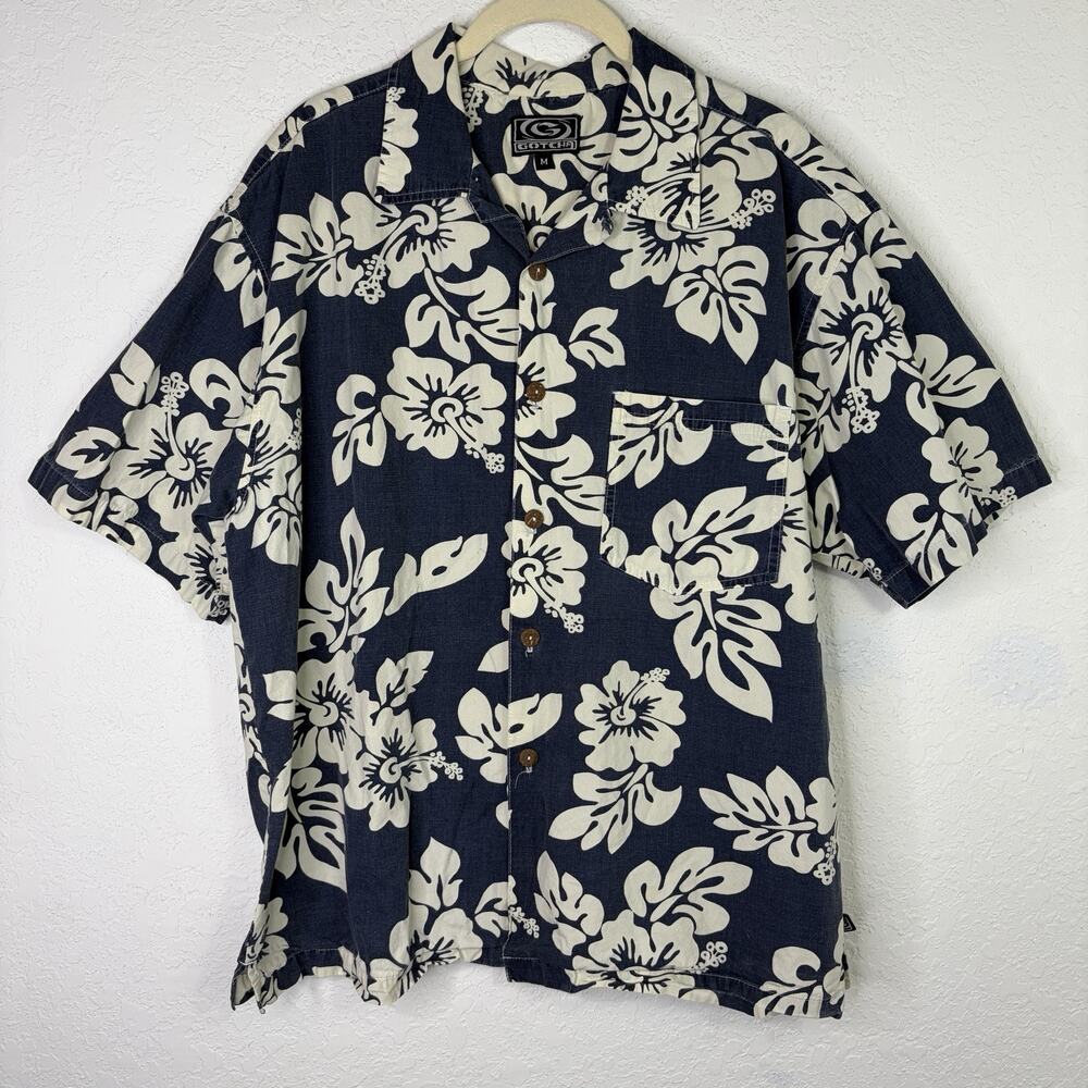 Gotcha Hawaiian Blue & White floral Print Shirt Size M, Tropical, Coastal, Beach